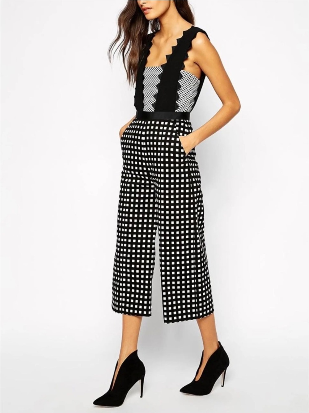 Self-Portrait Monochrome Mixed Media Gingham Jumpsuit Size 2